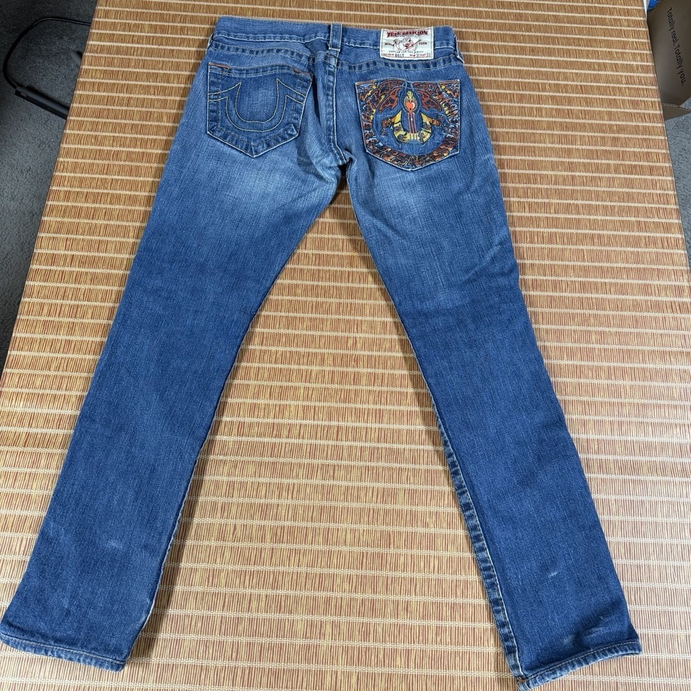 True Religion Mens Jeans 33x31 Y2K Distressed Embroidered Red Orange Full Pocket - Picture 3 of 9